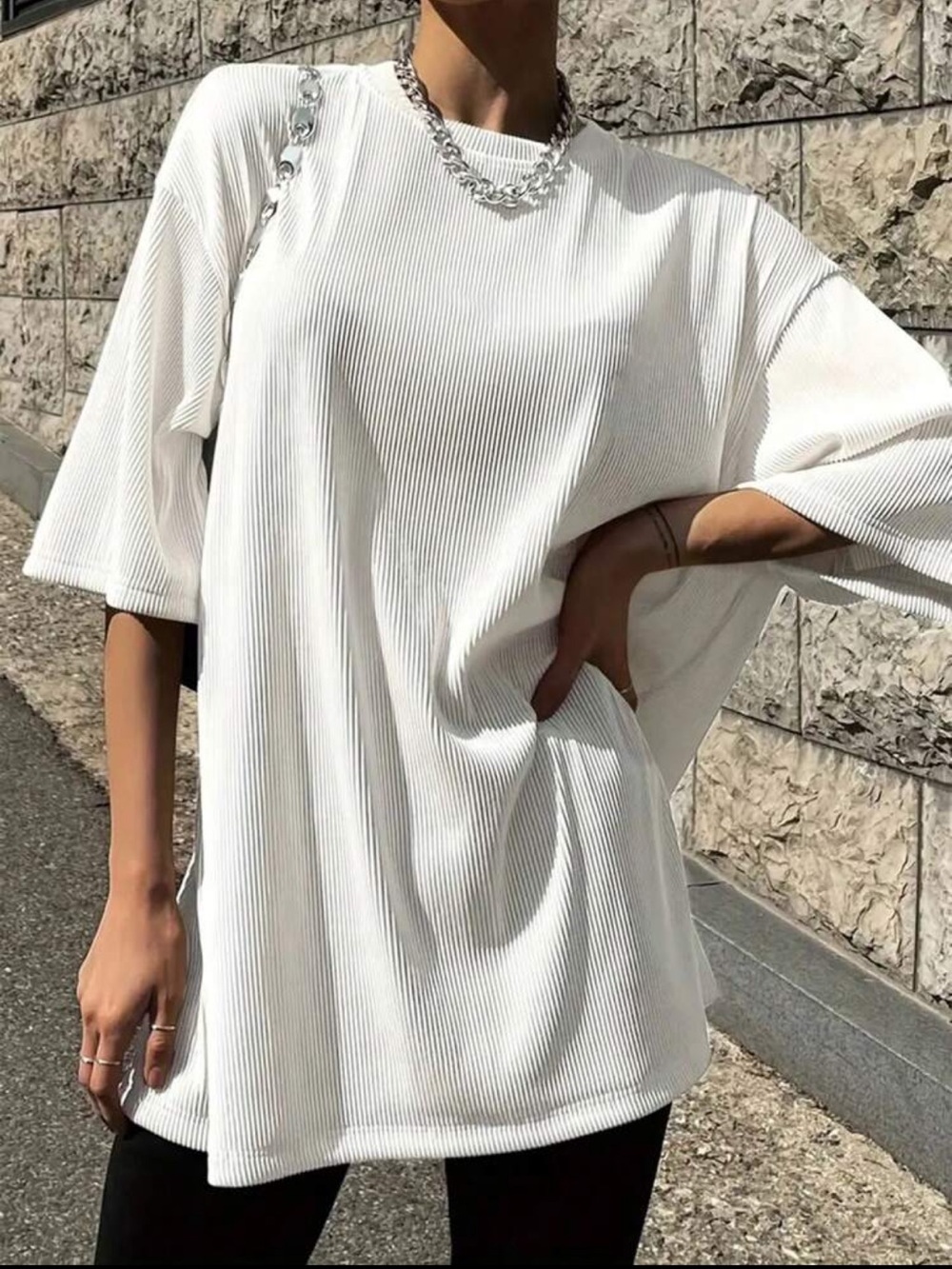 SHEIN Plus Size White Ribbed Oversized Tee